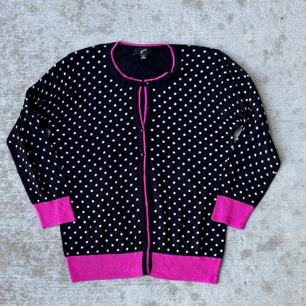 GNW Black Cardigan with White Dots and Pink Accents - Picture 2 of 9